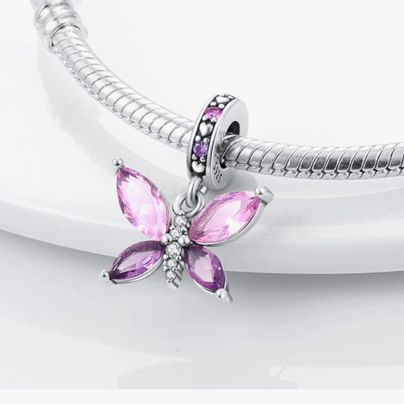 Pink purple Butterfly charm CZ sterling silver 925 fits all Pandora bra… - Picture 2 of 2